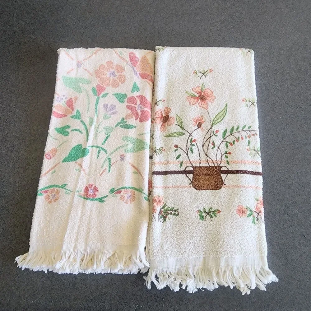 Vintage Pair Floral Hand Towels Cream Pink Green Terry Cloth Fringe Retro MCM